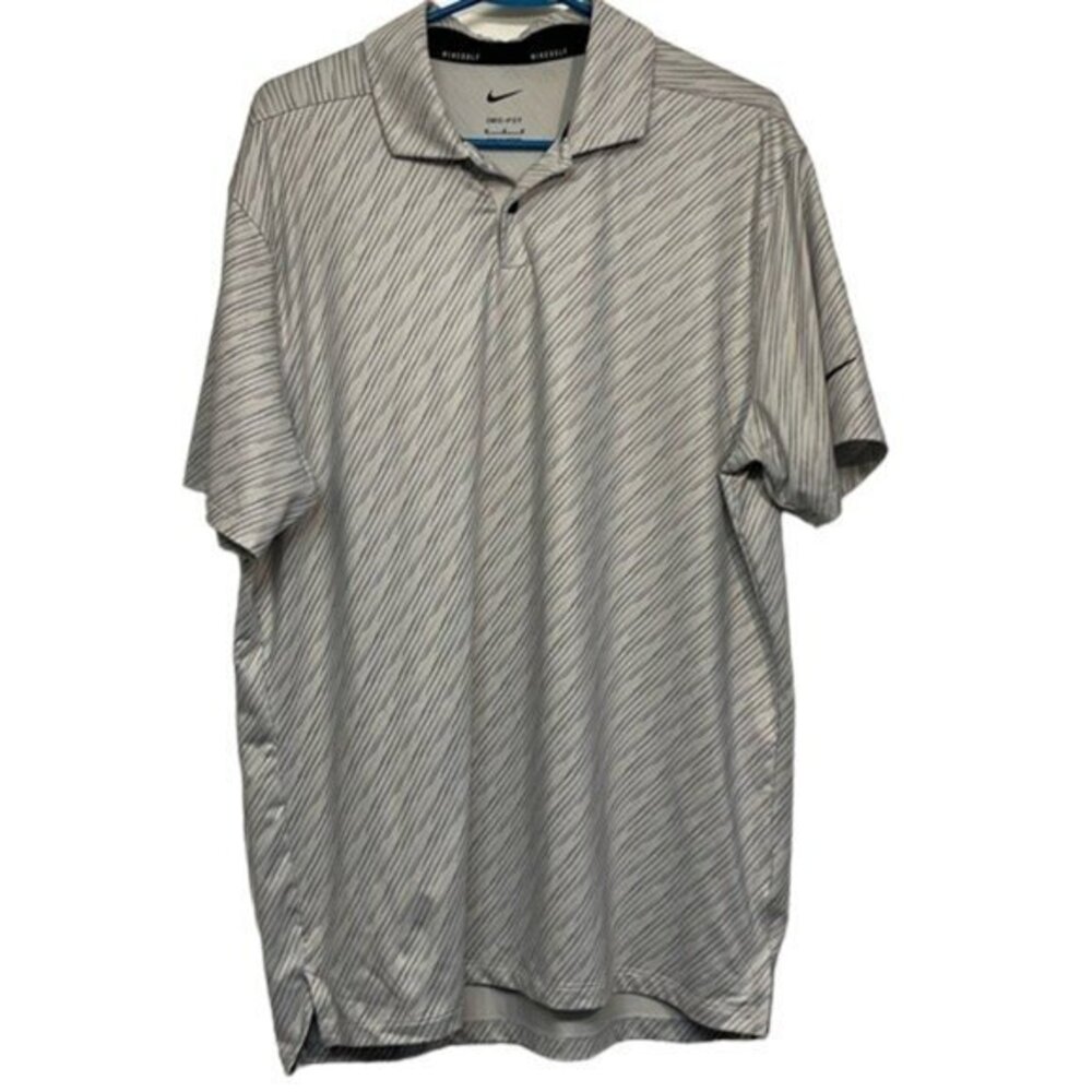 Nike Golf Dri-Fit Performance Polo White Gray Stripe Swoosh Shirt Size Med #1464